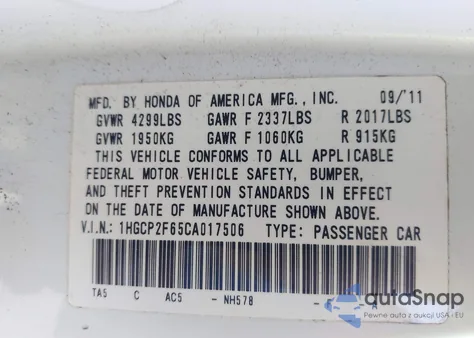 2012 Honda Accord 2.4 Se from USA, damaged, VIN 1HGCP2F65CA017506